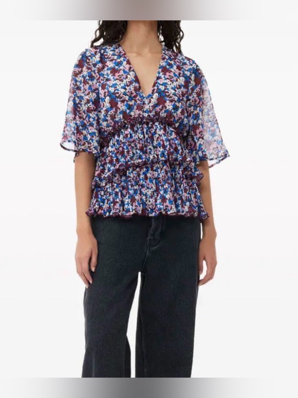 GANNI Floral-Print V-Neck Pleated Blouse NWT Size 34 = XS, US 2